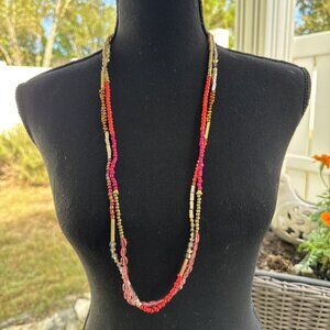 Chicos Red Pink 16.5" Beaded Strand Silver Gold Tone Long Statement Necklace NEW